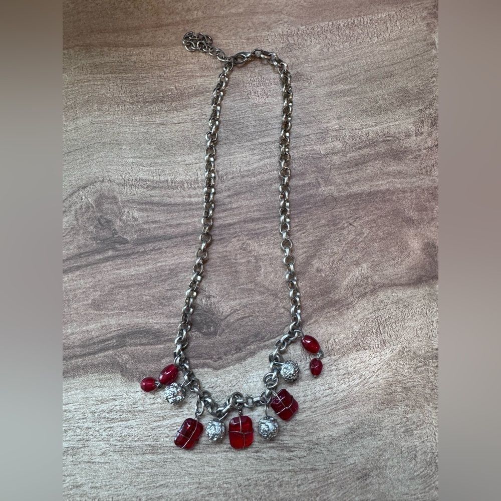 Silver Tone & Red Glass Bead Charm Necklace Artisan Jewelry